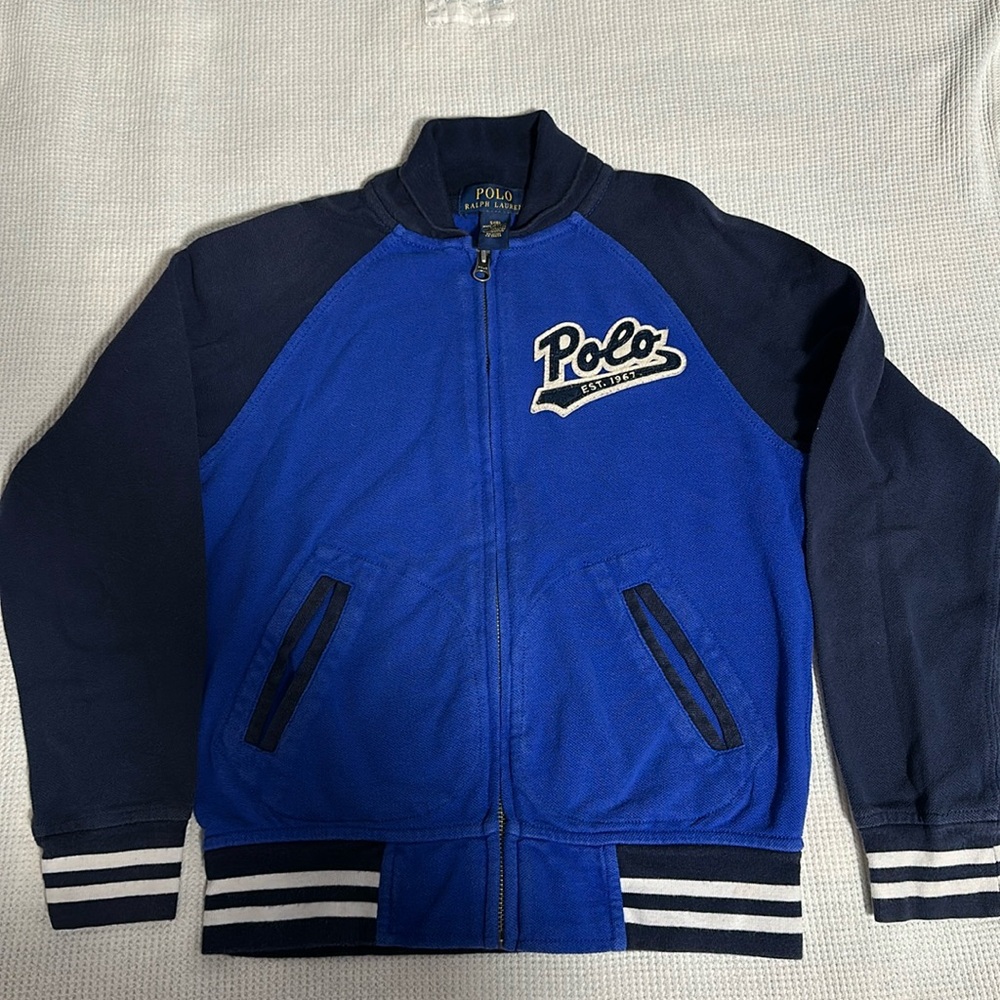 Polo Ralph Lauren Boys zip up royal blue navy cotton pique jacket S 8
